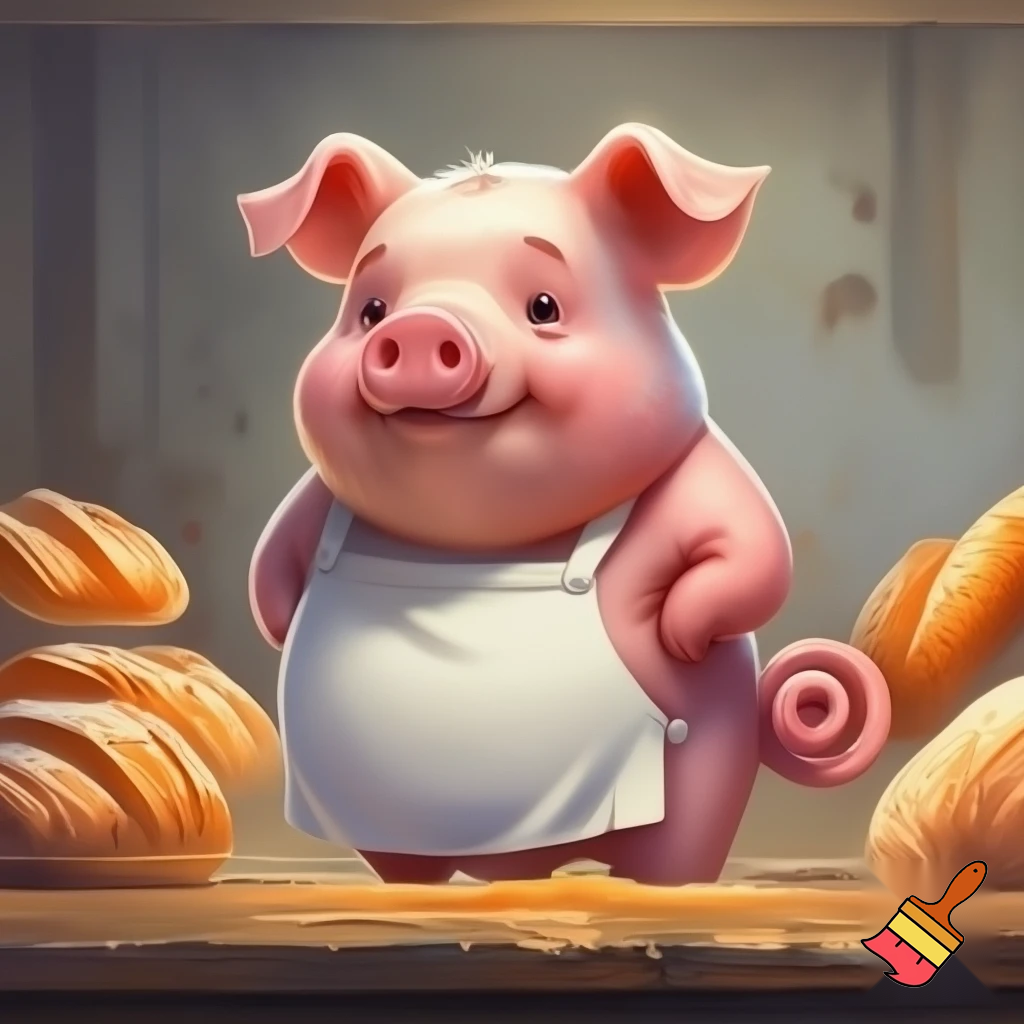 create a picture of a pig that has a white apron and a curly tail, cartoon style. He is a baker. Make it look like a drawing 