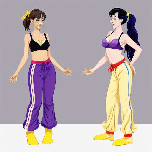 90's disney's 2d aladdin style comic black background and panels of 
panel1 a black haired ponytail woman with yellow skin,yellow and purple striped harem pants and purple bra and purple curved slippers and a black haired ponytail woman with blue skin,blue and red striped harem pants red bra  and red curved slippers both swaying hips in front of viewer with their both hand palms place together and hiding the bottom of her mouths while walking side to side towards each other.  
panel 2 then both the black haired ponytail woman with blue skin,blue and red striped harem pants red bra and red curved slippers and the black haired ponytail woman with yellow skin,yellow and purple striped harem pants purple bra and purple curved slippers bump each other by the butt.
panel 3 but both the black haired ponytail woman with blue skin,blue and red striped harem pants red bra and red curved slippers and the black haired ponytail woman with yellow skin,yellow and purple harem pants purple bra and purple curved slippers are merged and conjoined together by the pelvis.
Panel 4 then both the black haired ponytail woman with blue skin,blue and red striped harem pants red bra and red curved slippers and the black haired ponytail woman with yellow skin,yellow and purple striped harem pants purple bra and purple curved slippers begin pulling and stretching their merged hips apart.
Panel 5 however the black haired ponytail woman with blue skin, with red bra and red curved slippers conjoined with the black haired ponytail woman with yellow skin,purple bra and purple curved slippers with red and purple striped harem pants fail.
Panel 6 and the conjoined black haired ponytail woman with blue skin,red bra and red sash and pink curved slippers and black haired ponytail woman with yellow skin,purple bra and pink sash and purple curved slippers with red and purple striped harem pants stretch back  together.