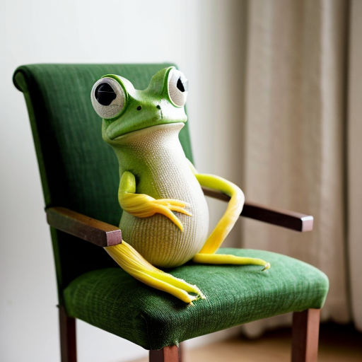 A funny radish vegetable toad sitting in a modern room chair.