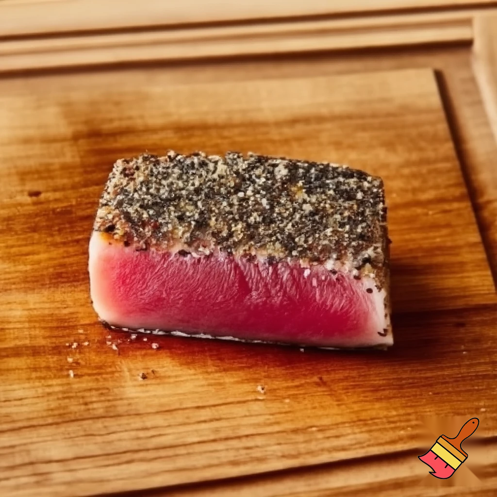 Make this image of pepper encrusted tuna steak look photo-realistic, keep all the colors the same, but remove the black background and change it into a classy hardwood background, center the image into a 1:1 square, add a matching hardwood border.