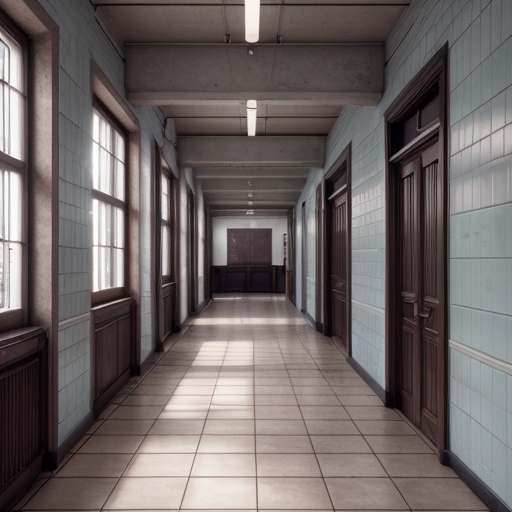Empty school corridor in the morning, soft sunlight streaming through windows, dust particles floating in the air, nostalgic and calm atmosphere, soft shadows on tiled floor, subtle background of school bell ringing, cinematic Lofi lighting, warm tones, detailed realistic style, soft focus, emotional and serene mood"