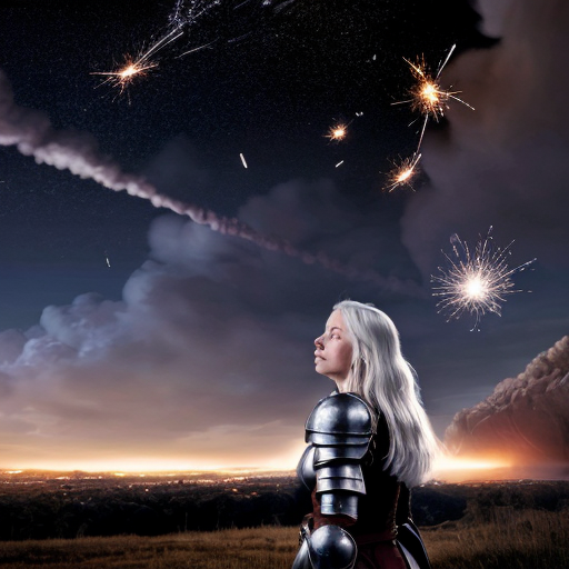 young white-haired woman in armor watches as meteorites fall on her castle
