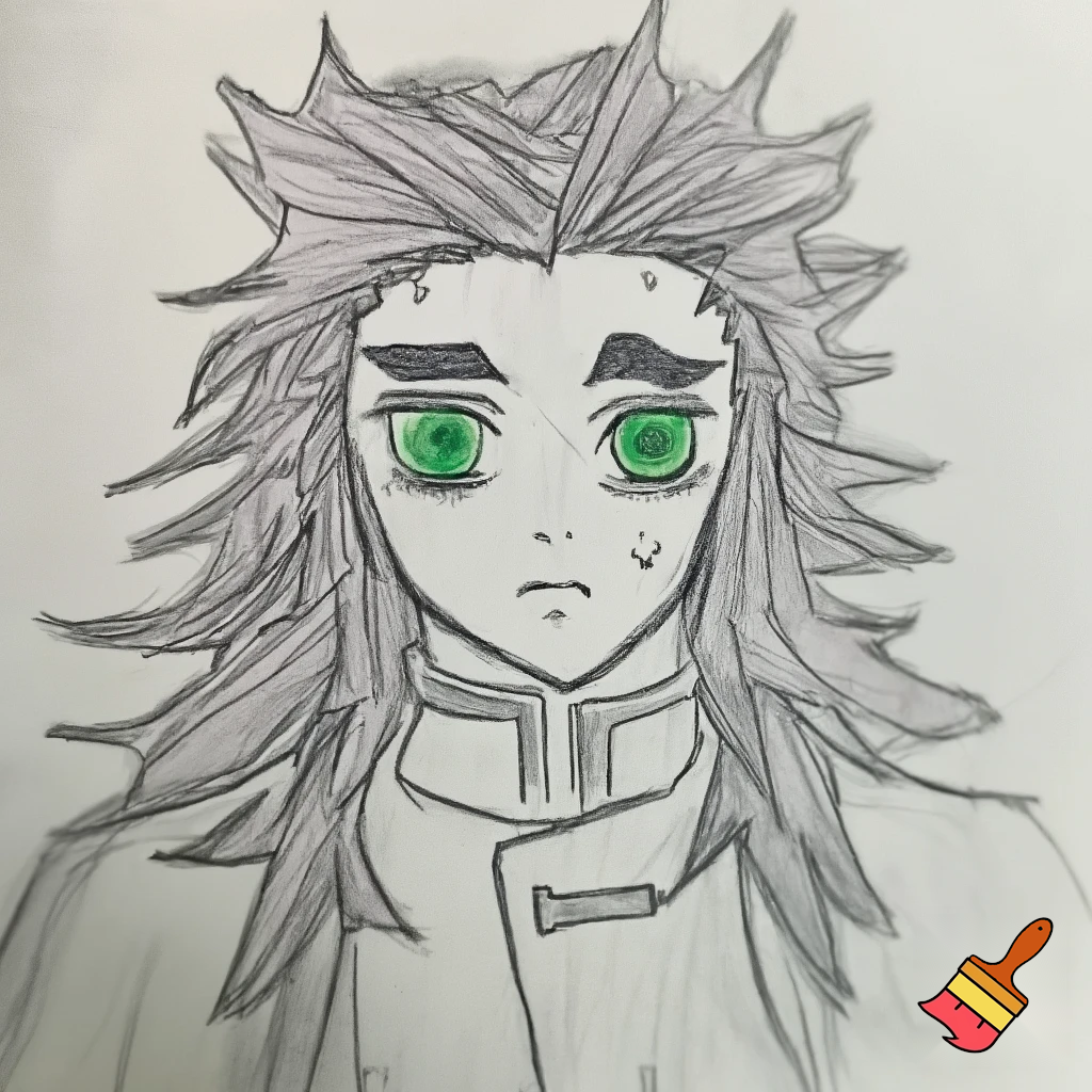 original demon slayer character, male, long hair, green eyes, sketched