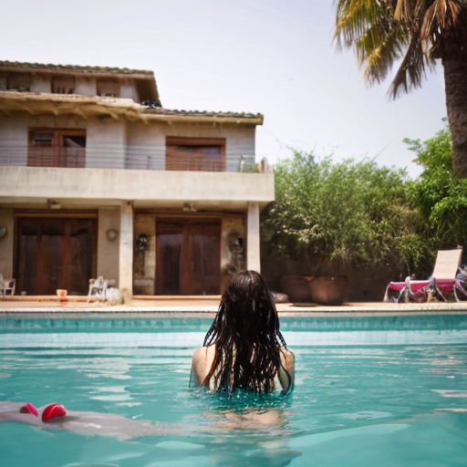 A girl in a pool party now make them turn around touch make them stand on the ground and touch their toes like inside the house make them be inside a kitchen inside the house
