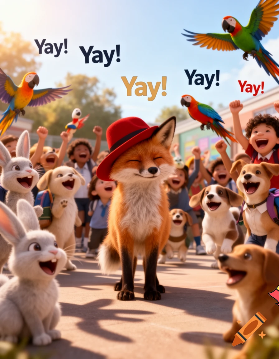 and then all the animals cheer out yay exeft the fox with the red hat at school