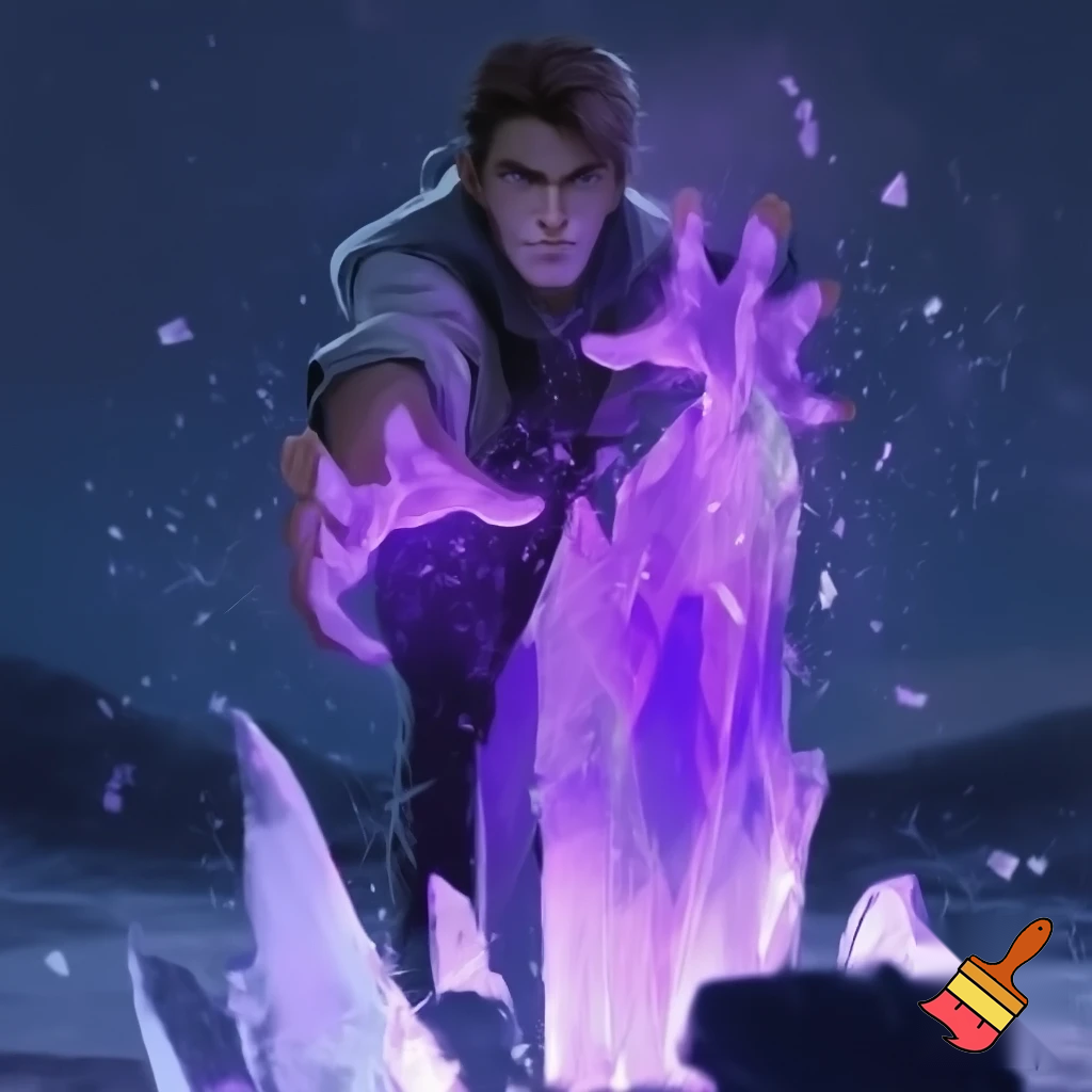 young adult male with glowing purple hands, and purple ice erupting from the floor beneath his feet