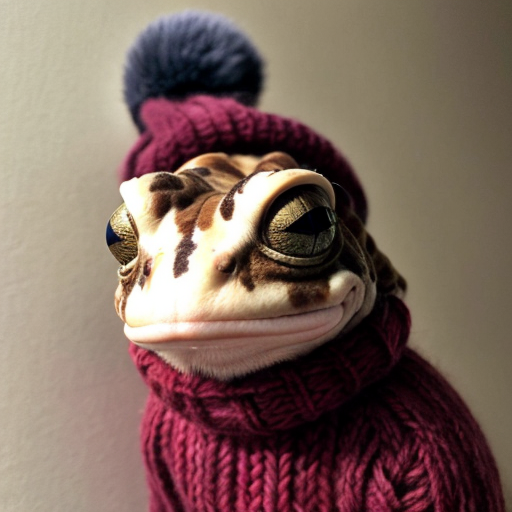 A laughable, puzzled animal toad in woolen, multicoloured winter clothings with woolen winter cap. Hyperrealistic art style.