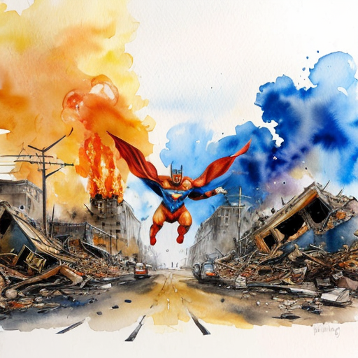 a superhero flying while  carrying a dog from a bomb explotion. show a destroyed city in the baground  horrizon up in flames and make the whole pictur have colour

