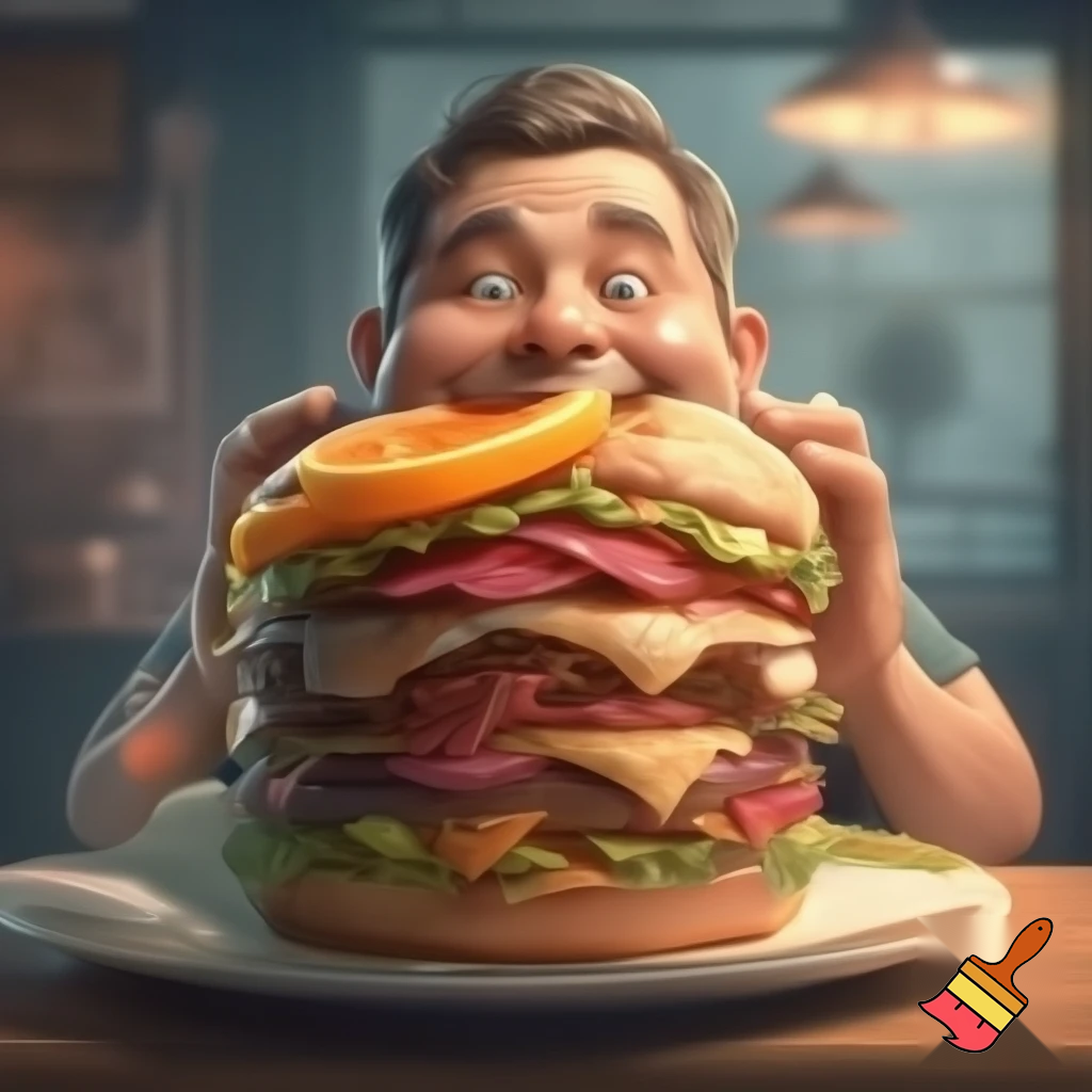 a fat man trying to get a huge burger with a hidden slice of a orange