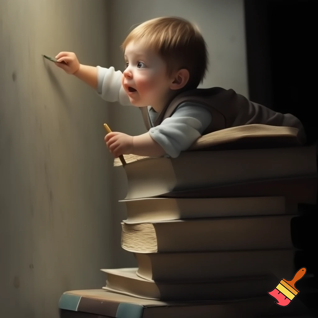 A child standing on four books to reach the wall, holding a single crayon in his hand as he tries to draw on it. Fear is visible on his face, as if he has just seen someone about to scold him. The scene is detailed and realistic, with soft natural lighting, cinematic depth, and expressive emotions. Ultra-realistic, 4k, cinematic realism.