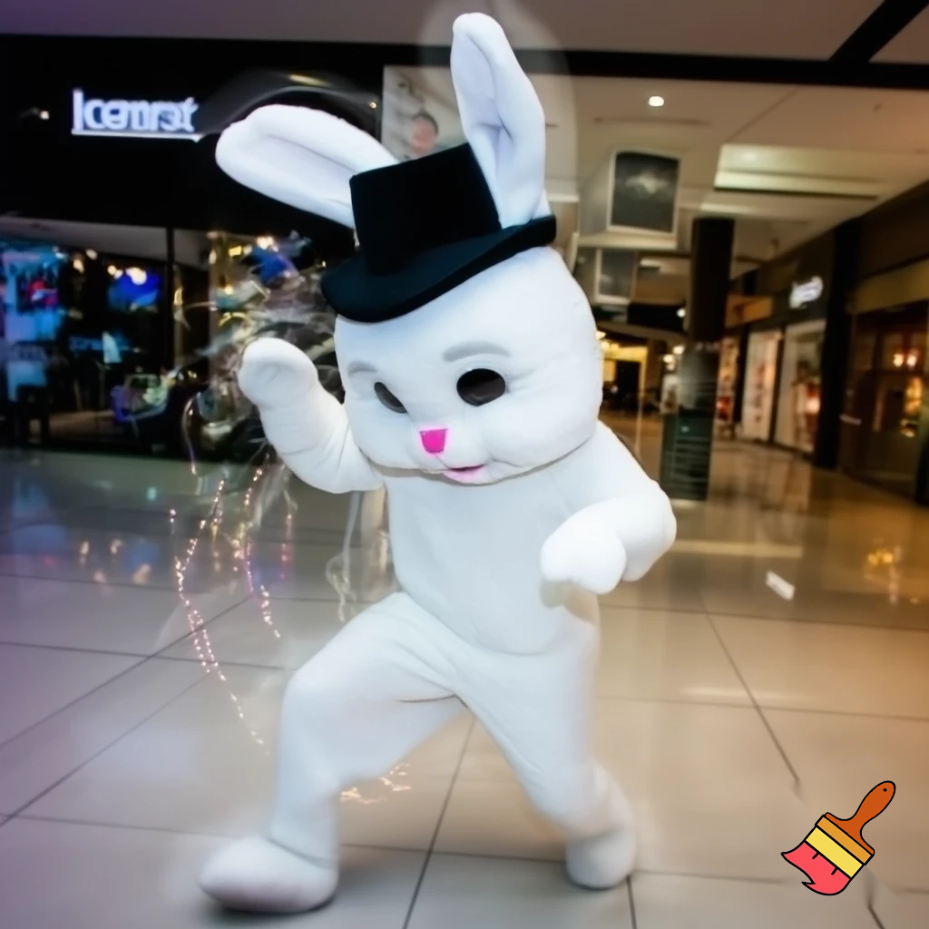Easter bunny mascot top hat at the shopping centre mascot costume Darrell Lea magic room Australia dancing