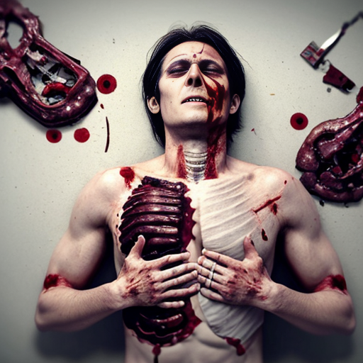 A corpse shirtless man, died, face are hiding by shirt with cut eye part (not eye human), eye closed, chest fully opened wounded circle on center, blood everywhere. Gibs and ribs (from chest bone) everywhere and broke, organs piece by piece. (In full body, not half body)