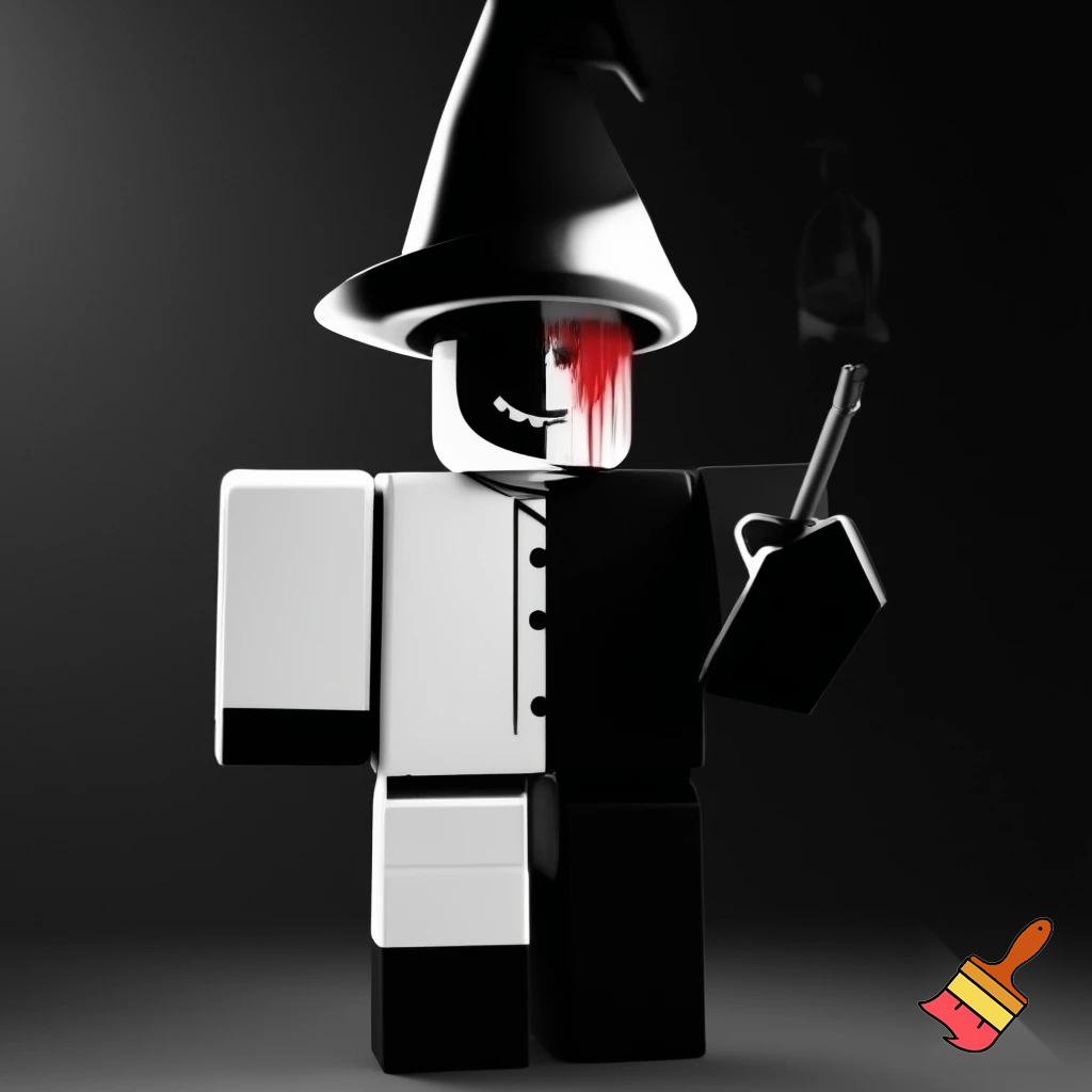 Roblox Person with white skin is wearing a white suit on one half of their body and black suit on the other half and half black mask and a wizzed hat and magic wand with black pants and black gloves and has some blood in his mask and smiling