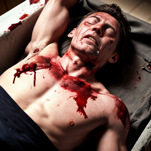 A corpse shirtless man, died, face are hiding by shirt, eye closed, chest fully opened wounded, blood everywhere.