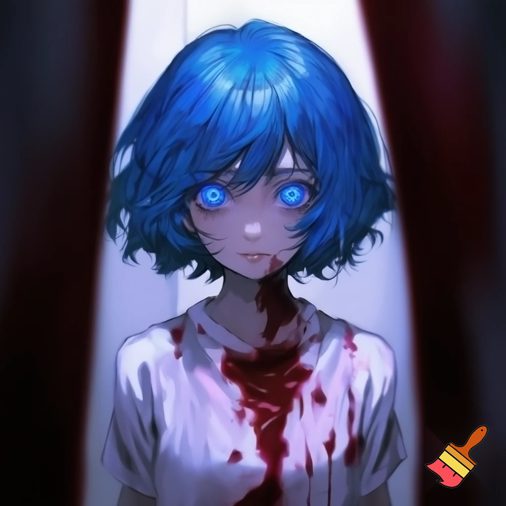 An innocent anime woman with short blue hair and glowing blue eyes wearing a bloody hospital gown