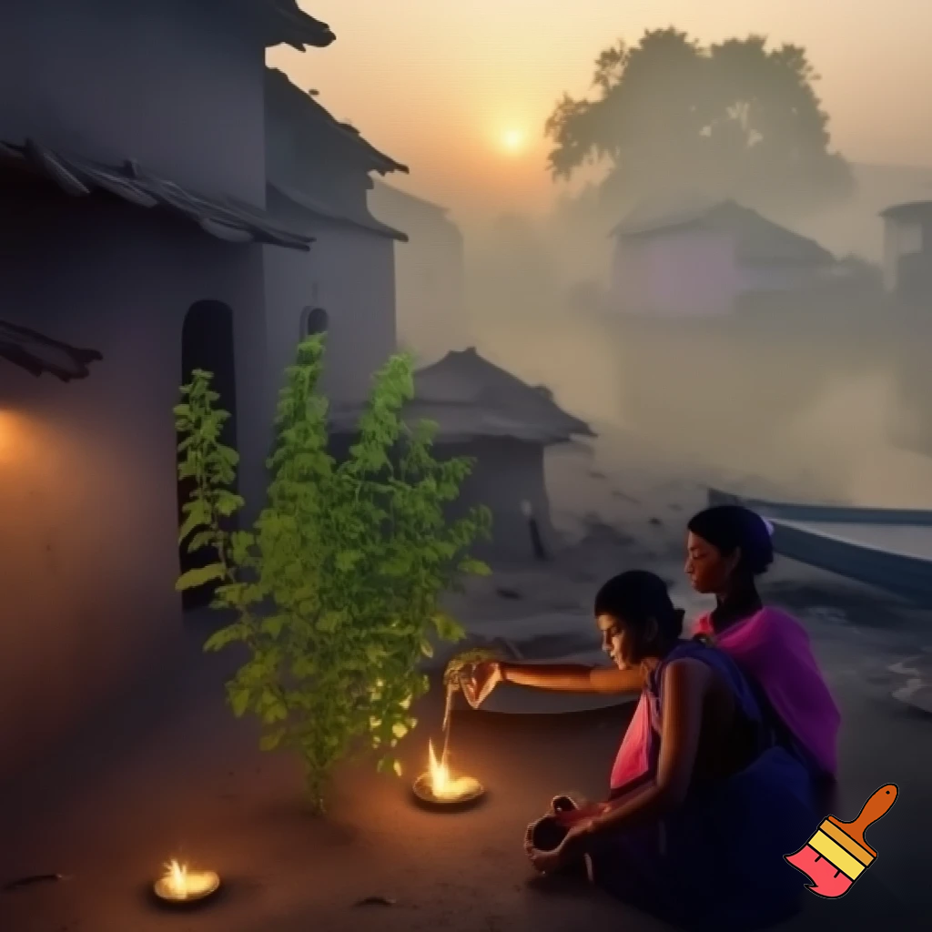 Early morning Indian village near Ganga river, small mud houses, tulsi plant in courtyard, women sweeping and lighting diya, soft sunrise light, peaceful spiritual aura, realism, cinematic tone.