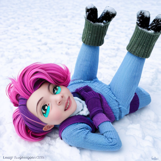 Create a pinkie pie equestria girls wearing light blue knit hats, light blue winter jacket, light blue mittens, purple pants and light blue boots in on back - lying down snow and making a snow angel in eyes closed and tooths grinw