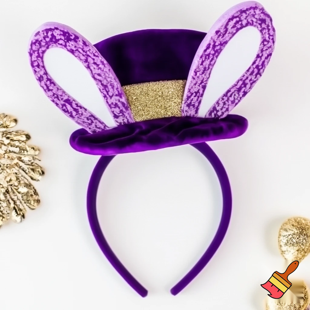 Easter bunny top hat headband, purple white with gold glitter fabric and velvet velvet