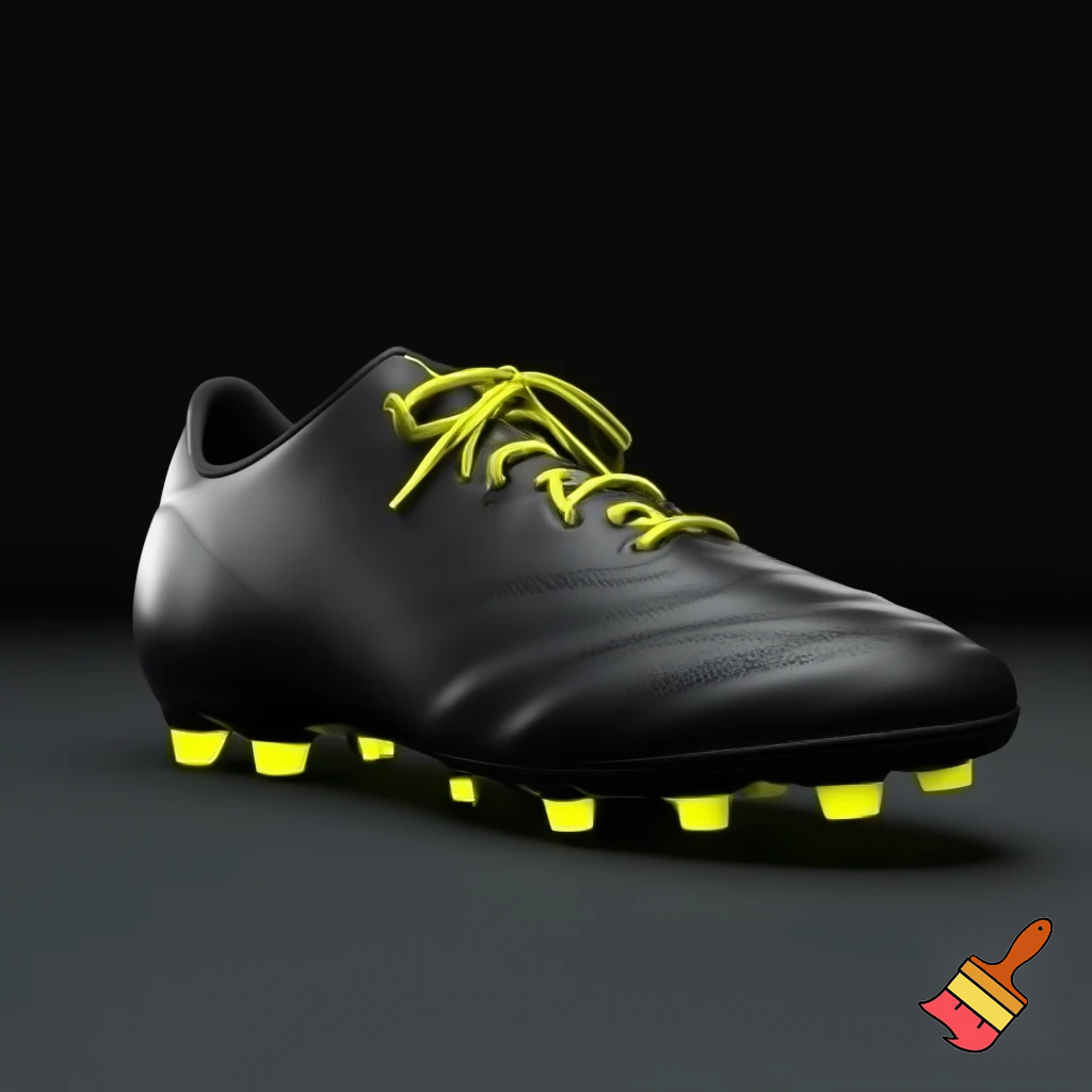 a plain black soccer boot with yellow studs with yellow shoelaces