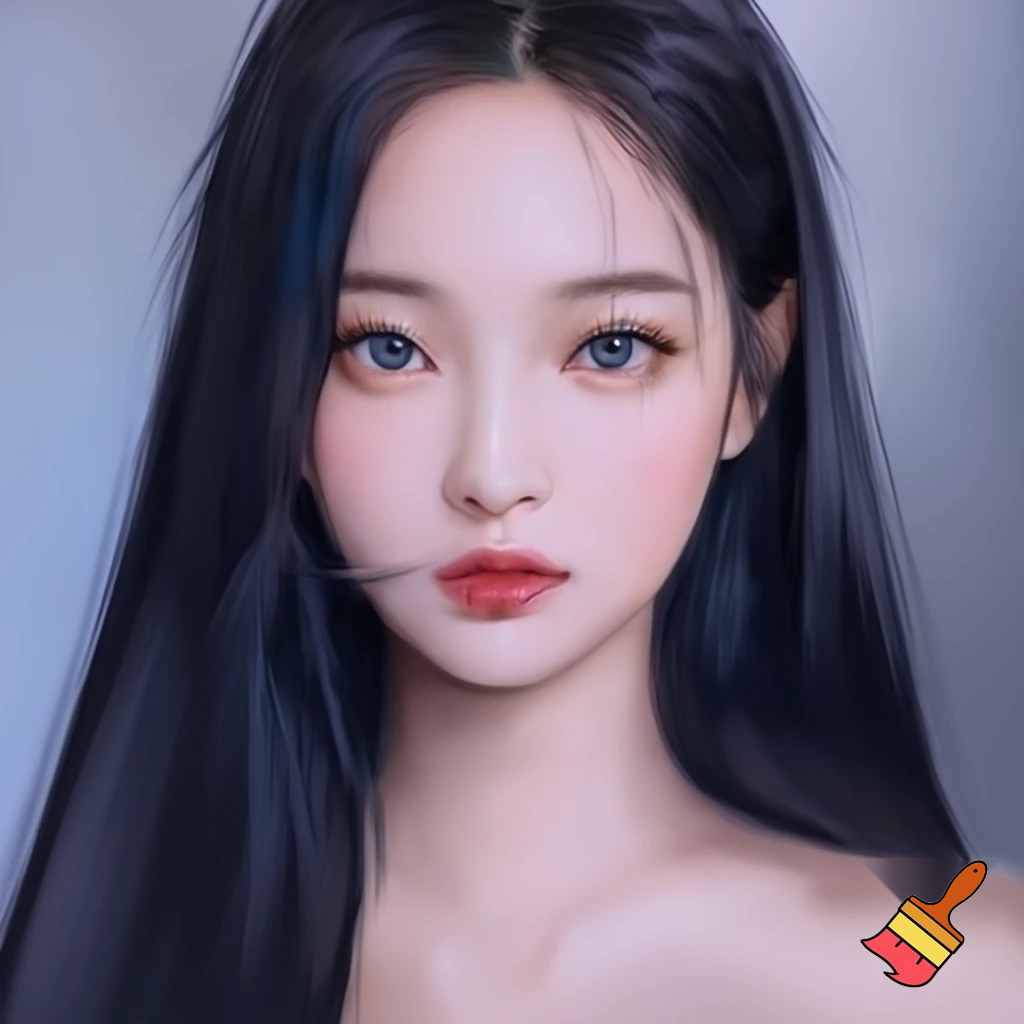 Female lead manhwa long black straight hair , ocean blue eyes, white skin ,red lips no lighting and no make up