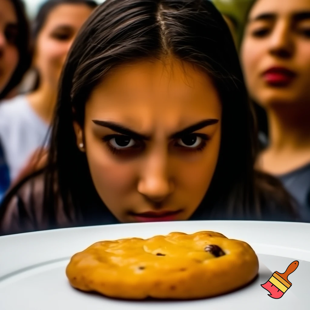 a woman is looking at the cookie more people want the cookie gold