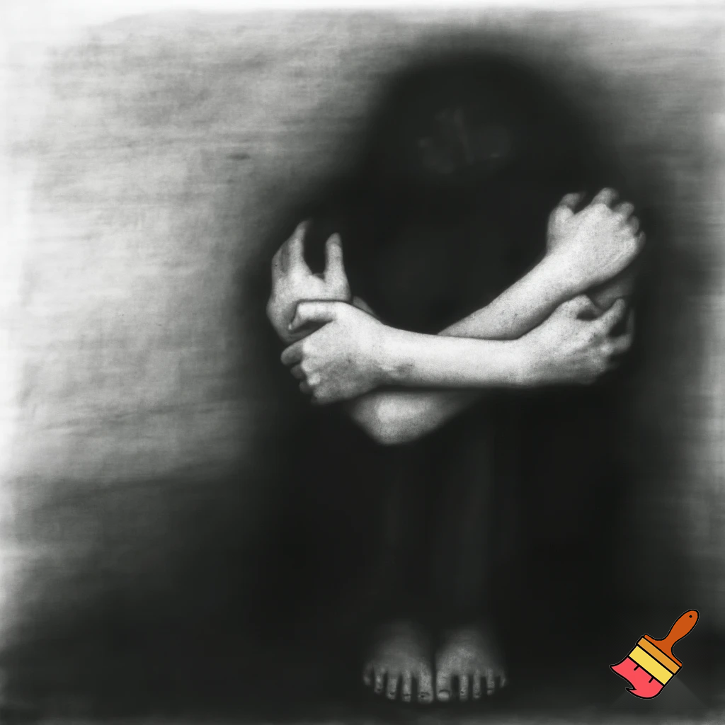 a figure sitting hugging there knees with hands pointing at them in charcoal