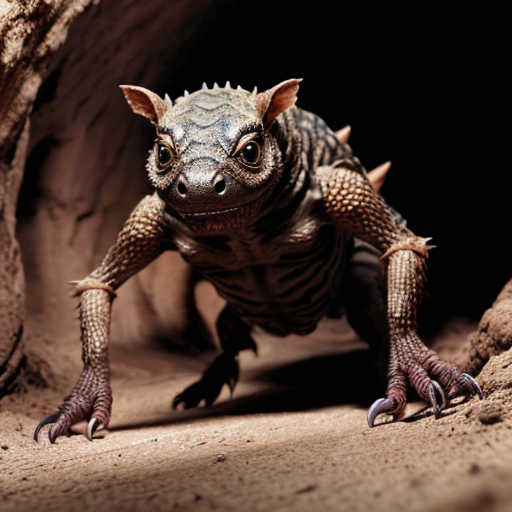 Generate a creature that stands on 4 legs, has large claws on the front and back legs.
Has scales along its body that are shades of brown
Have this creature be burrowing underground 
