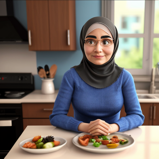 Мультяшный 3D стиль Pixar, упрощённые мультяшные черты, яркие дружелюбные цвета, уютная кухня. Мусульманская мама 35-40 лет, полностью покрыта голубым платьем, округлое мультяшное лицо, большие простые глаза, готовит на плите. Сын, 20 лет, синяя толстовка, чёрные джинсы, короткая мусульманская причёска, мультяшное лицо, большие выразительные глаза, сидит за столом. Постоянный персонаж, одинаковая одежда и причёска, повторяемый дизайн персонажа, кинематографическое освещение.