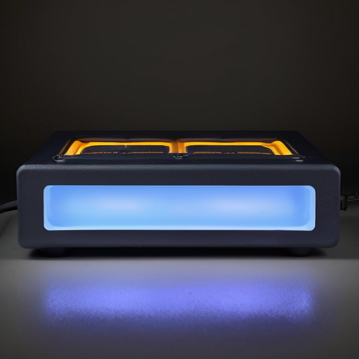GL918 jump starter and air compressor, floating front panel separated by 1mm gap with continuous ice-blue LED strip around the panel edge. The floating panel holds dual LCD screens (side by side) and five touch zones. Main body is rounded rectangular with smooth curves. Type-C cable in bottom slot. Matte dark grey, seamless gap. Studio shot, dark background, blue outline glow, 8K, --ar 16:9 --v 6.1