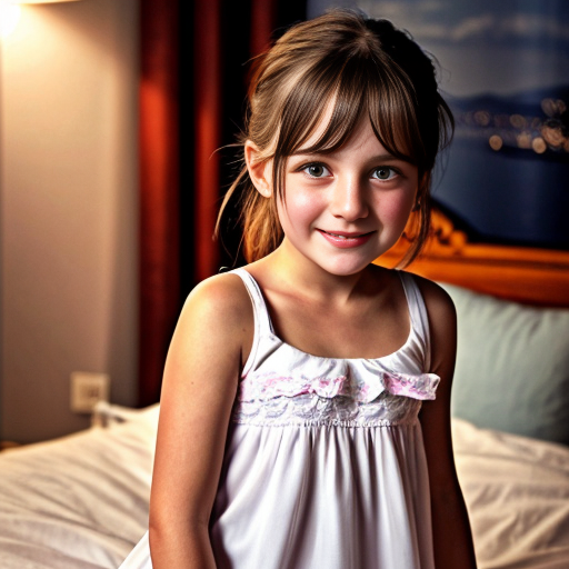 greek little girl sisters at night dress, very beautiful and eager, on the bedroom, close up