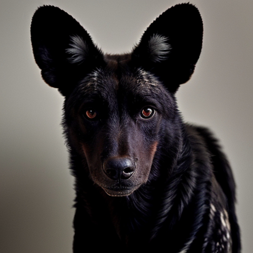 A black wild dog taking a mugshot looking DEADLY, sinister, angry and malicious