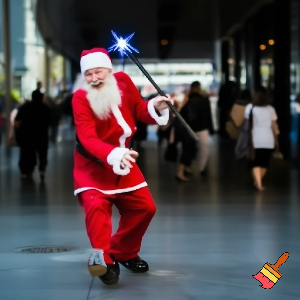 Santa Claus dancing shopping Centre walking Australian magic walking stick walking stick star running outside of the shopping centre