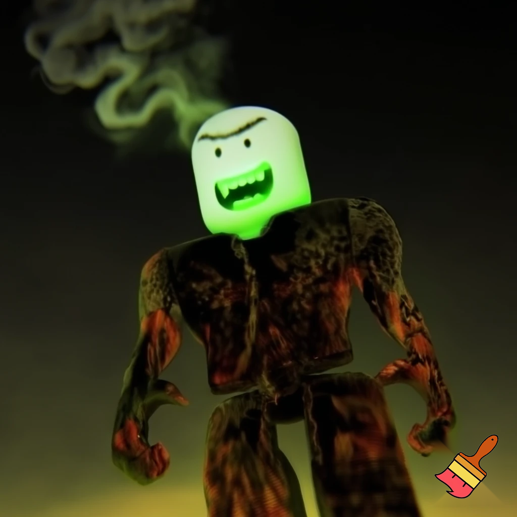 Roblox guy with burned body and white face have green scary face