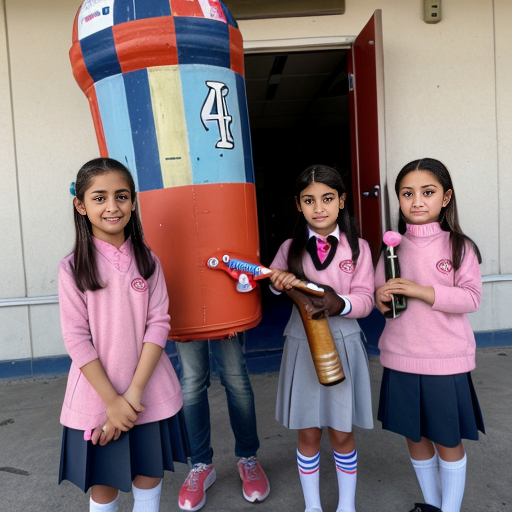 four iranian elementary school girls holding one  6 foot long missile 