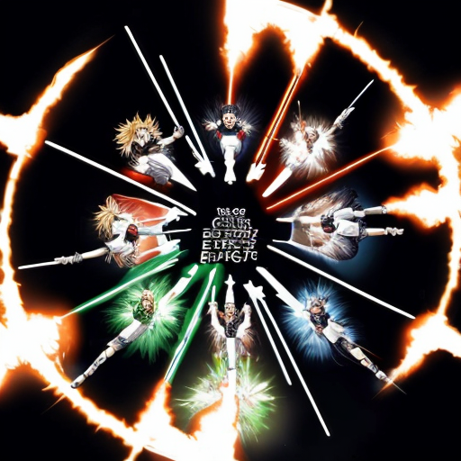 Izuku midoriya green energy blast shooting at kakutsi bakugo locked in battle and shoto todorki shooting ice at izuku and fire at bakugo and they all shotting power at eachother
