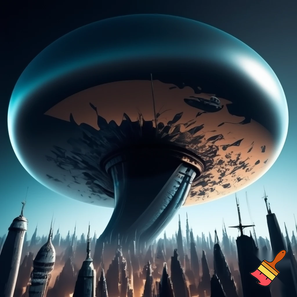 Cinematic shot, extreme low-angle view looking up, a massive, mushroom-shaped alien spacecraft of suffocating scale hovers directly over a futuristic space city. The ship's underbelly dominates the entire sky, its smooth, liquid-mercury mirrored surface grotesquely reflecting the intricate city spires and panicked shuttles below. The city lights cast distorted, fragmented patterns on the vessel. The colossal craft casts a deep shadow over half the metropolis, creating an overwhelming sense of oppression and triggering megalophobia. In the foreground, the city's towers and communication antennas appear minuscule and toy-like. Hyper-detailed, sci-fi realism, ray tracing, dynamic blur, apocalyptic atmosphere, 8K, UHD.