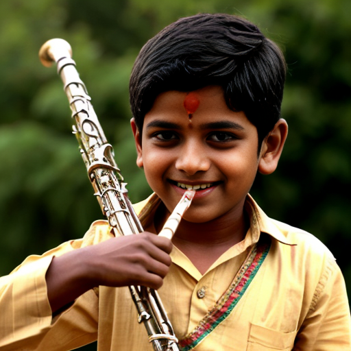 Krishna, a young boy, with his flute, standing happily with a bright smile.