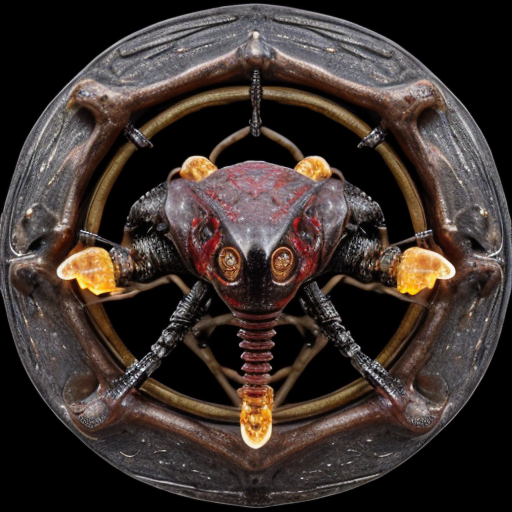 ​A highly detailed, photorealistic biomechanical alien spaceship floating in deep space. The ship is a grotesque, asymmetrical fusion of organic and mechanical parts. Its outer hull features weathered, pale greyish-green chitinous armor plating reminiscent of a giant insect shell, interspersed with exposed, glistening wet red muscles, veins, and gore. Intricate dark metallic cables, segmented robotic joints, and sharp metal spikes weave intricately through the raw flesh. The hull is studded with multiple large, glowing, translucent azure blue dome-like eyes. Near the upper right, a secondary cluster of smaller, glowing yellow and blue robotic eyes emerges from the bloody tissue. At the base is a circular, ribbed, toothy maw with dangling dark red, fleshy biomechanical tentacles and wires extending downward. The background is a breathtaking cosmic vista with vibrant purple and emerald green nebulas, stars, and floating rock debris. Cinematic lighting, hyper-detailed, 8k resolution, macro-photography details on the wet flesh and scratched metal, dark sci-fi, cosmic horror, HR Giger meets David Cronenberg, masterpiece