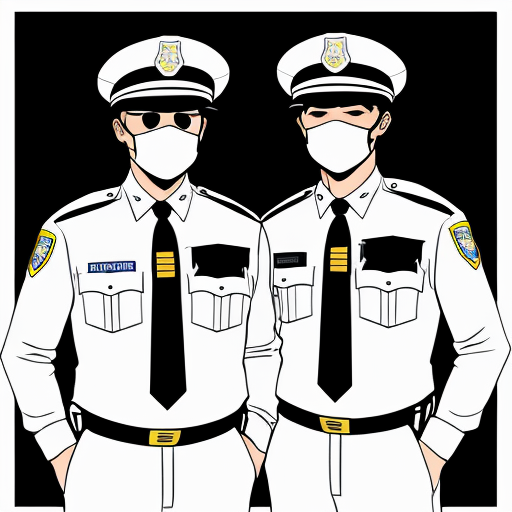 two anime men standing next to each other one wearing half police uniform and a police hat with a visor covering his face and eyes and the other man is wearing full police uniform 