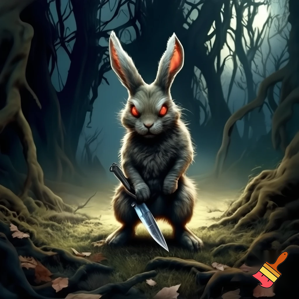 rabbit, red eyes, holding knife, forest