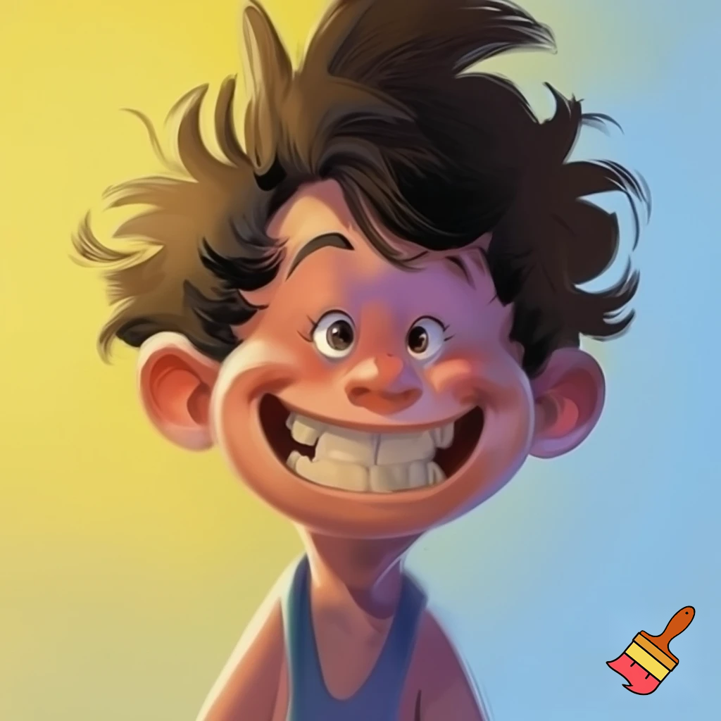 A goofy boy in caricature style with a large head and uneven teeth and fluffy hair and very tiny ears