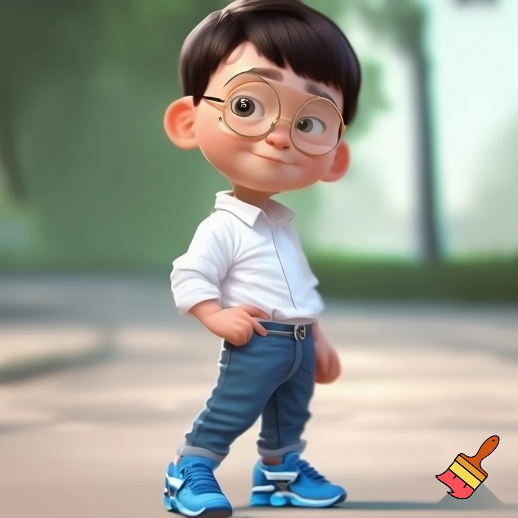 a boy standig he has a white skin coulor and black short hair he has bleu geans and a white bloes and bleu airmax shoes and he is whereing gold glasses