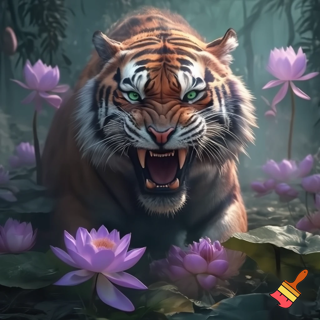 Tiger barring teeth with purple lotus flowers