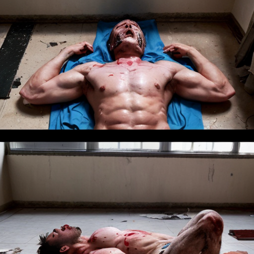 shirtless random man (neighbor, not everyone has 6 pack.), face are hiding by shirt, died already, chest are open wounded circle, blood everywhere, eye closed, floor (on random place like empty place) on corpse body.