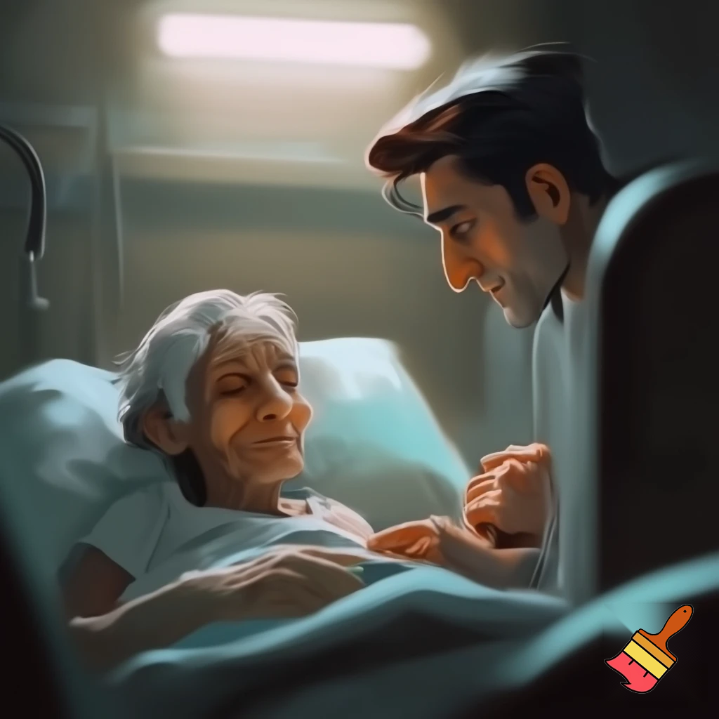 Kannst du ein Bild generieren wie Tarek zia seine Mutter in Krankenhaus besucht während khaleda zia auf dem Bett liegt  
