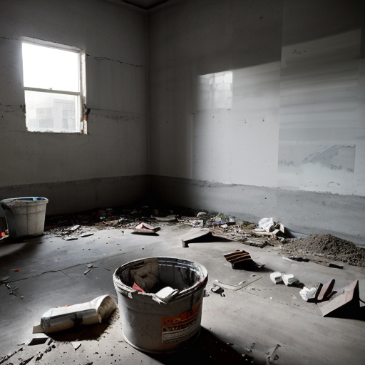 A chaotic construction site. A raw, dark-grey concrete subfloor, severely cracked and spalling. Piles of gray dust, scattered brick debris, an empty sack labeled "CEMENT," discarded paint buckets, and bare, unpainted walls.