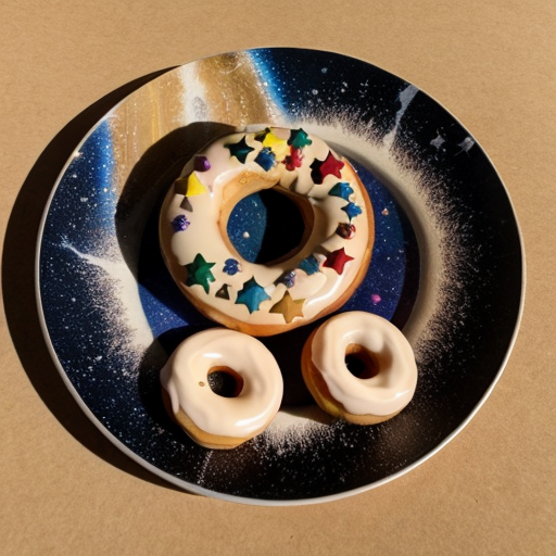 give it a space theme and add multiple stars and planets in the background Saturn Ring Donuts: Carmel and cream filled donuts with golden dust and a pineapple ring on the top to represent saturn. Also have three donuts on the plate  Put it in outer space with a galaxy behind it and make the desert more Saturn like 
