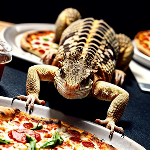 A scene in the holoscene period, where a bearded dragon thats 8 inch long, and is eating pizza with a rocket launcher on its back.