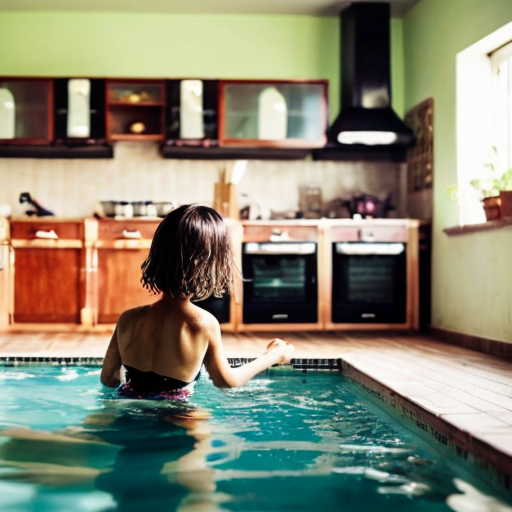 A girl in a pool party now make them turn around touch make them stand on the ground and touch their toes like inside the house make them be inside a kitchen inside the house
