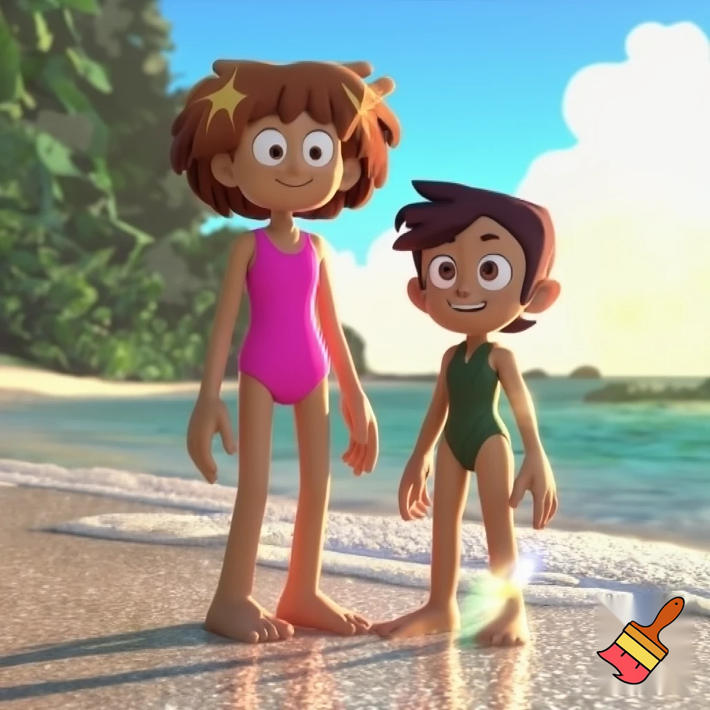 Anne boochuy from disney's amphibia wearing pink one piece swimsuit and luz noceda from disney's the owl house wearing dark green one piece swimsuit on the beach being barefoot in 3D 